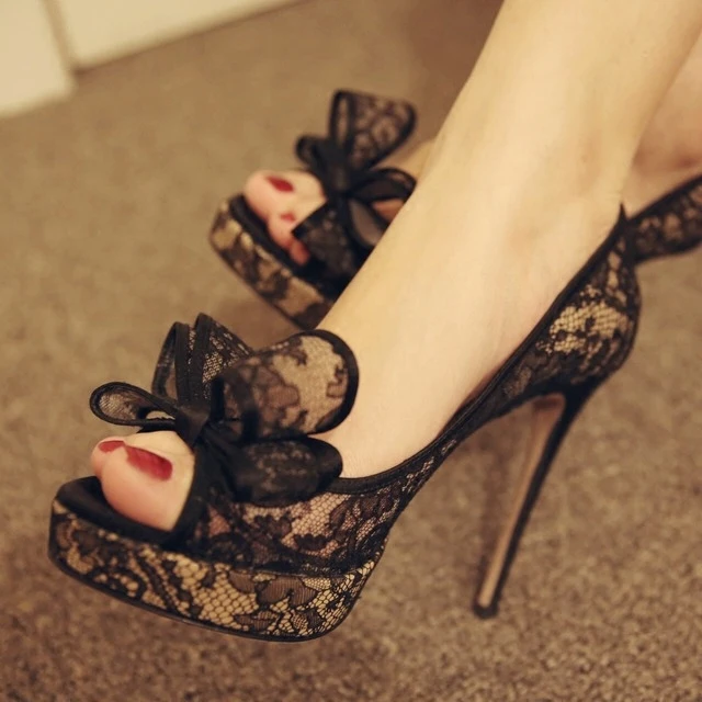 Sexy platform heels Peep Toe Lace Black high heels shoes White wedding shoes ladies sandals Pumps Women shoes 2019