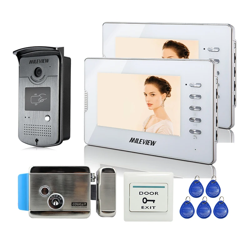 

New 7" Color LCD Video Door Phone Intercom Kit + 2 White Monitors + RFID Access Camera + Electric Control Lock FREE SHIPPING