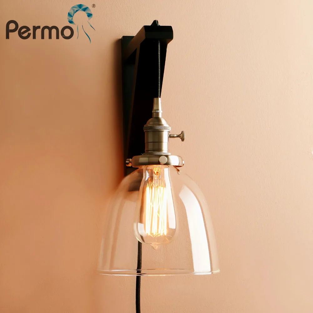 Permo Modern Handmade Wooden Hook Wall Sconce Light Vintage Bowl Glass