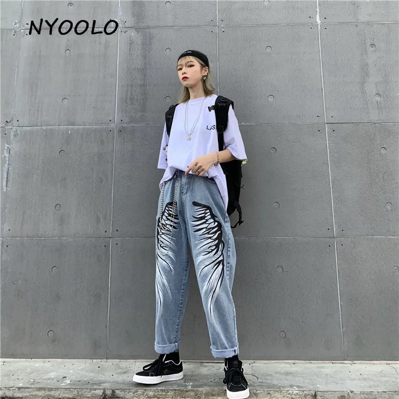 NYOOLO Harajuku стиль потертые крылья печатных джинсовые штаны Винтаж Высокая талия полная длина прямые джинсы для женщин мужчин ковбой уличная одежда - Цвет: as picture