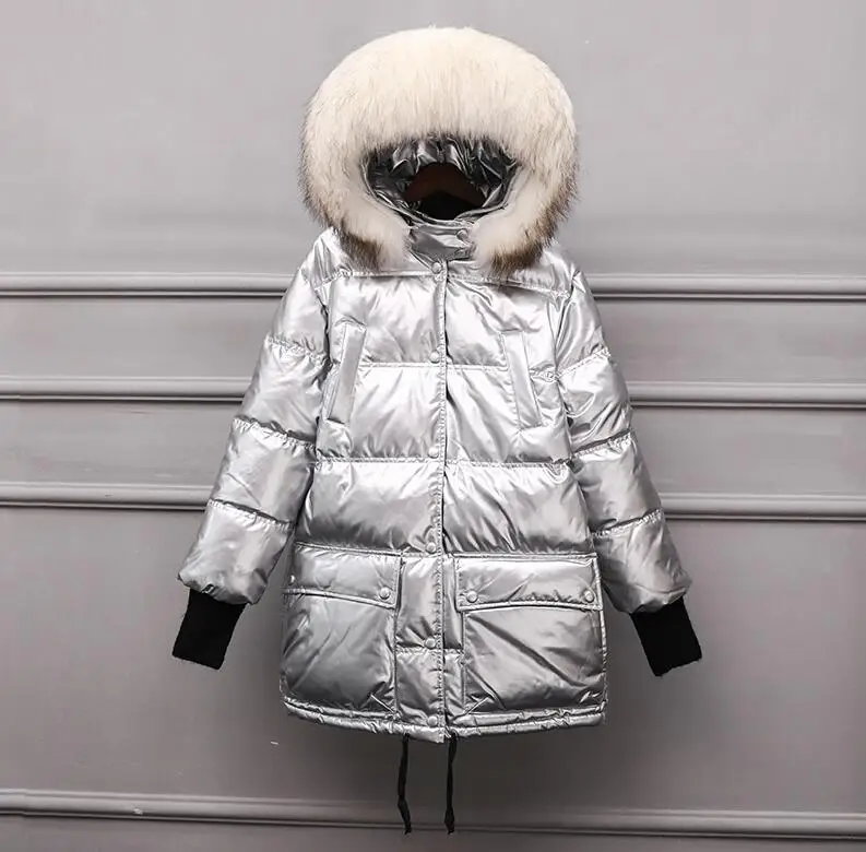 Big Raccoon Fur Collar Hooded Long Wadded Jacket Women's Winter Warm Down Jackets Large Size Loose Glossy Coats Outwear Overcoat - Цвет: Silver grey collar