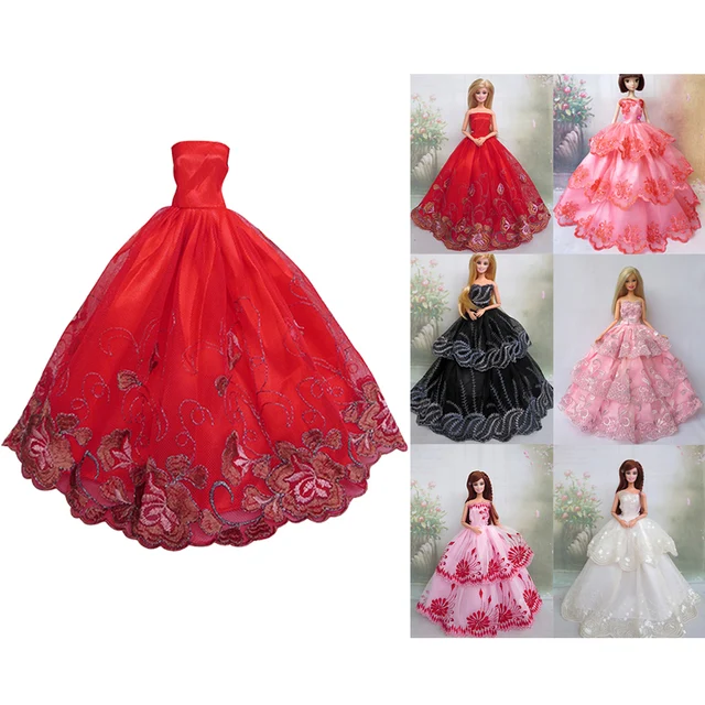6 Pcs Doll Toy Handmade Party Lace Satin Formal Elegant Long Dress