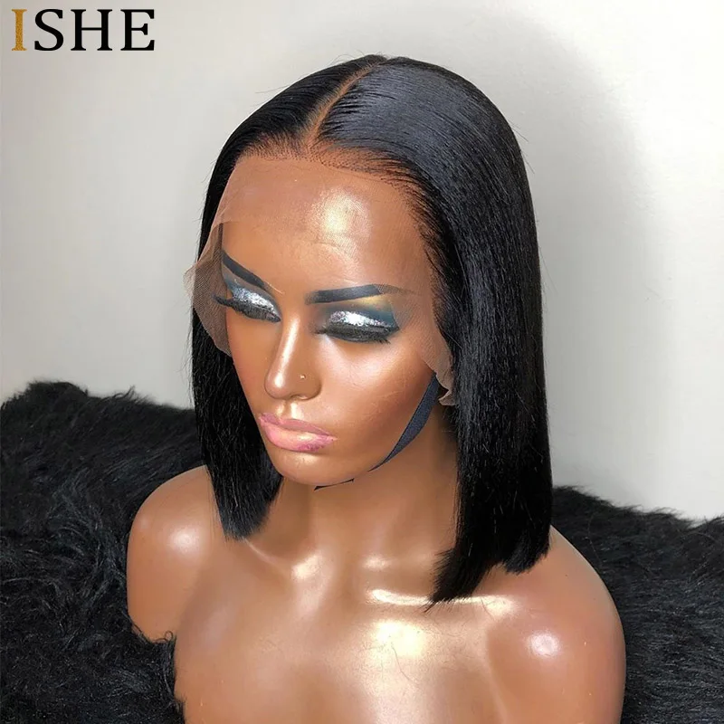 Yaki Peruca de Cabelo Humano Curto Bob Yaki em Linha Reta Dianteira do Laço Perucas de Cabelo Humano com o Cabelo do Bebê 13x6 Profundo Parte Dianteira do Laço Perucas Remy 9 Cheap Apliques com cabelo humano