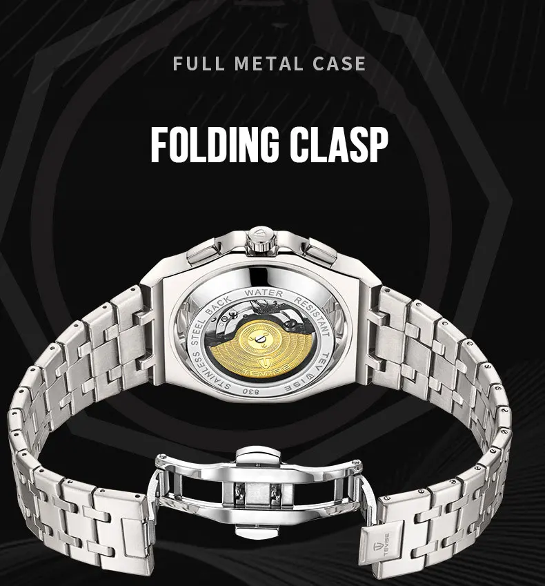 Tevise التلقائي ساعات آلية أعلى العلامة التجارية الفاخرة رجل الساعات الرياضة الذاتي لف الذهبي ساعة اليد للرجال Relogio Masculino