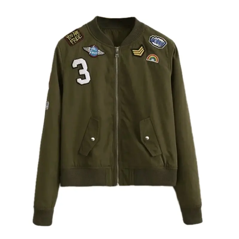 Fashion Army Green Women Bomber Jackets Female Coat Flight Suit Casual Print Jacket Embroidered Patches Women Basic CoatsLQ