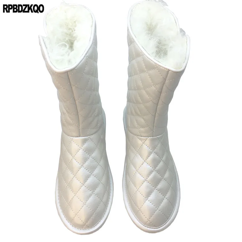 

genuine leather new brand women winter boots furry handmade knee high white flat sheepskin australian snow slip on long shoes