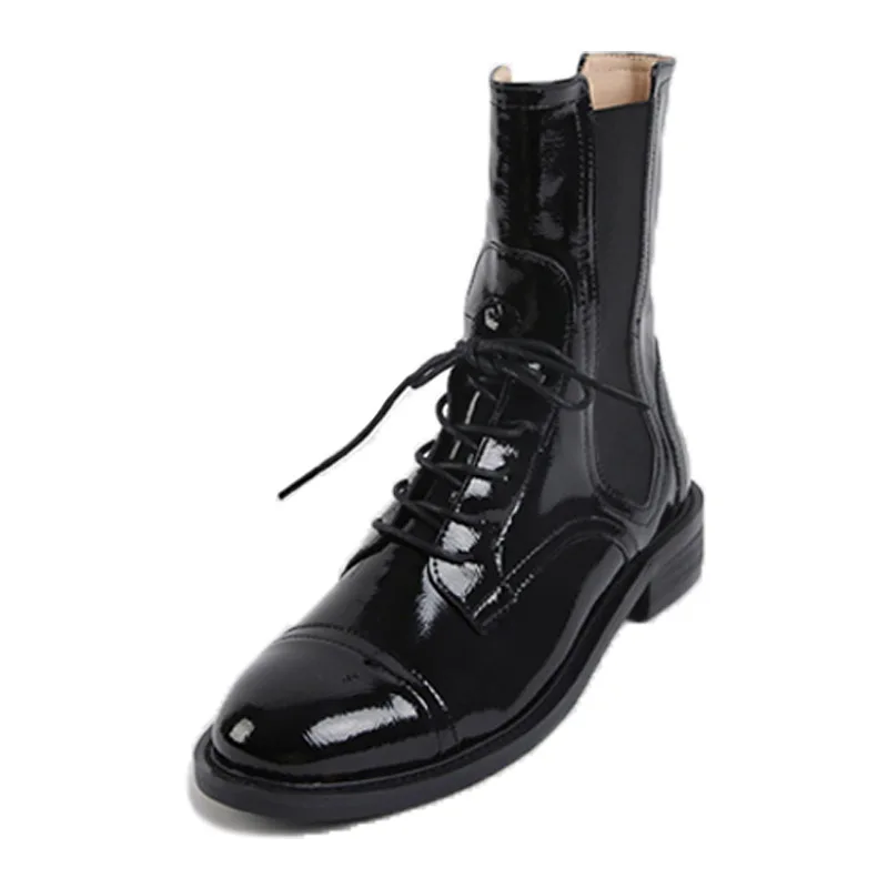 

2018 Winter New Round Head Wild Strap Elastic Sleeve Flat Boots Patent Leather Motorcycle Martin Boots.