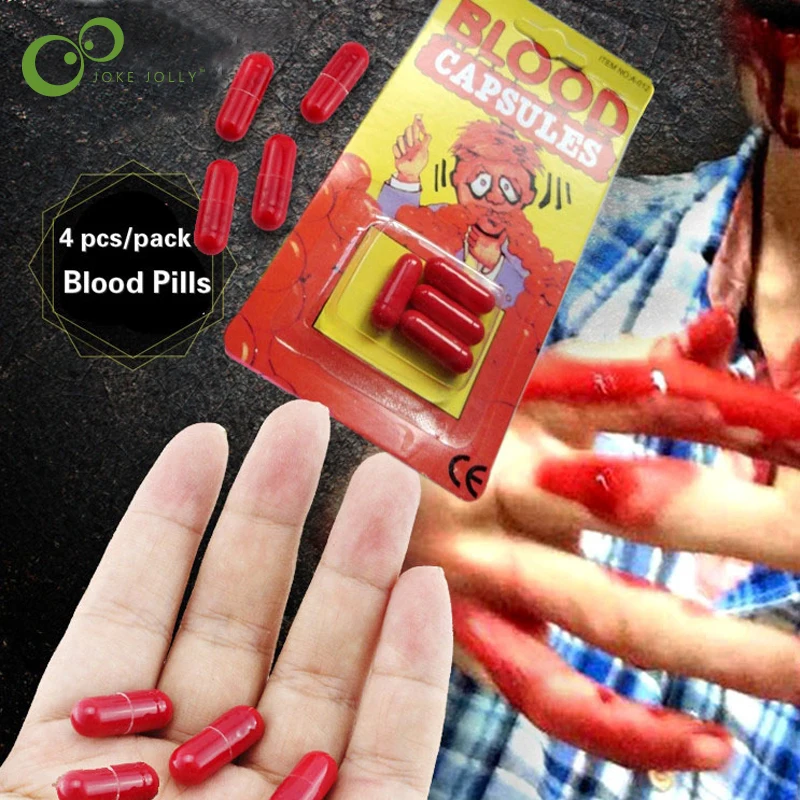 

4packs=16pcs Funny Blood Pill Trick Toys Whimsy Prop Vomiting Blood Capsule April Fool's Day Joke Toys GYH ZZZ