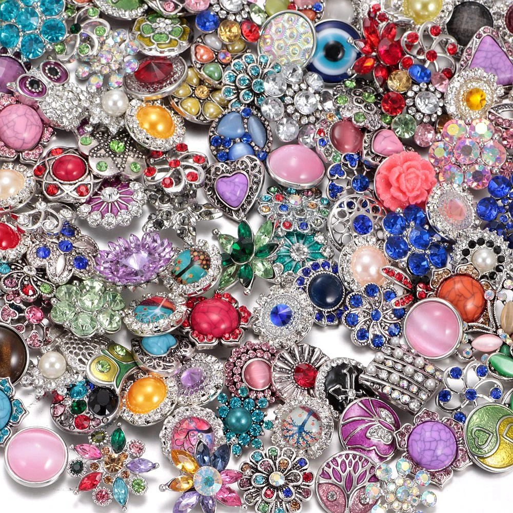 

2017 Wholesale 100pcs/lot Amazing Styles Rhinestone/Opal/Natural Stone Metal Buttons 18mm snap button Jewelry for Snaps Jewelry