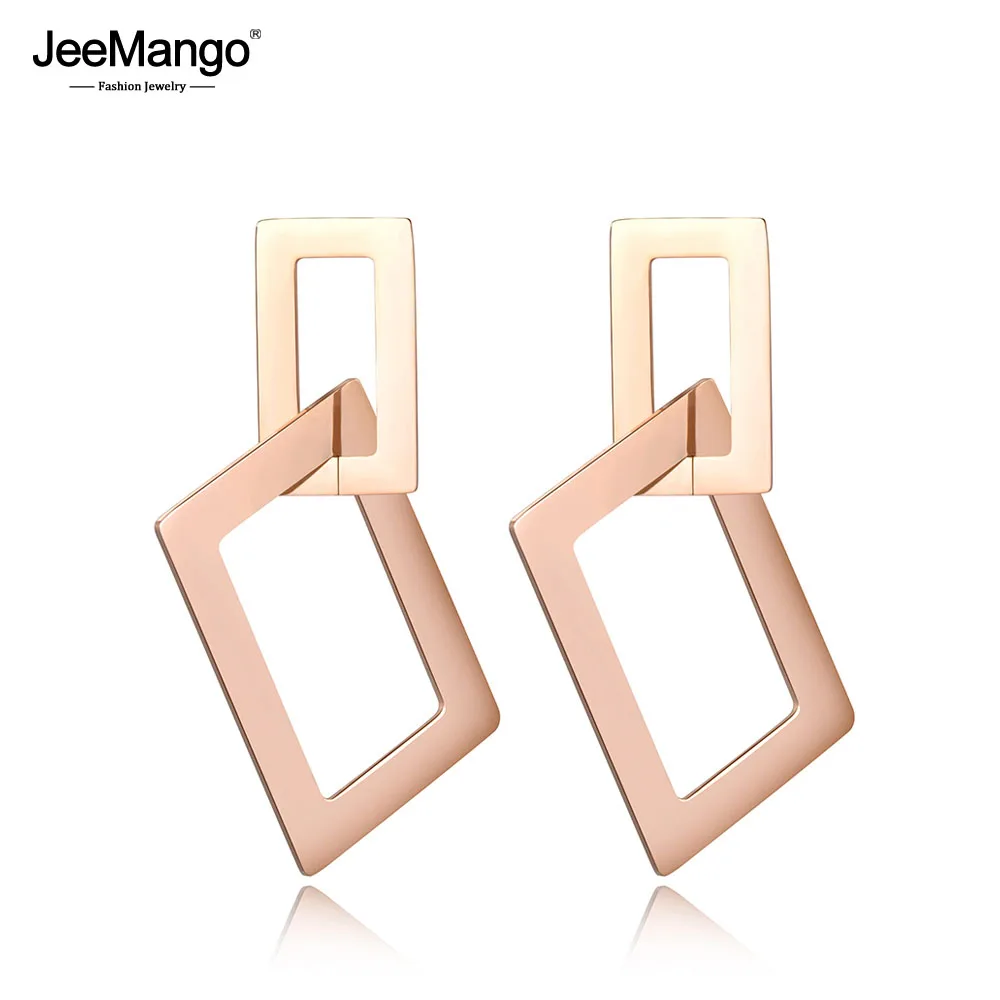 

JeeMango Stainless Steel Jewelry Rectangular Hollow Exaggerated Rose Gold Stud Earrings Bijoux Brincos Pendientes Mujer JE18060
