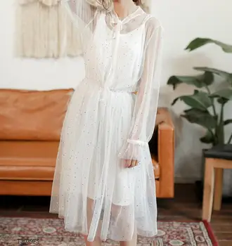 

European style 2019 New arrivals summer Spring fashion women clothes temperament solid color vintage mesh dress T3039