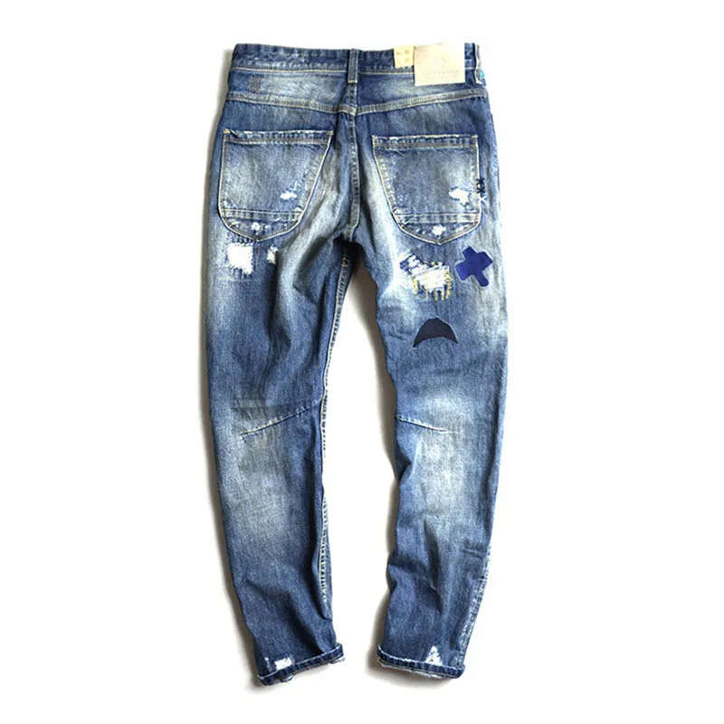 Mcikkny Винтаж Для Мужчин's равные джинсы штаны тертые Slim Fit в стиле пэчворк джинсовые брюки для мужчин прямые Размеры 29-36
