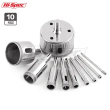 Hi-Spec 10pc 3-50mm Diamond Coated Core Hole Saw Drill Bit Set Ceramic Porcelain Glass Marble Hollow Extractor Remover Set TT004