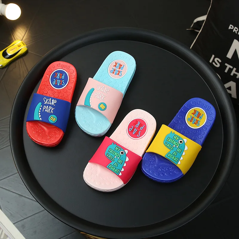 Детские тапочки для мальчиков и девочек домашние тапочки летние забавные сандалии дети мультфильм динозавра Корея шлепанцы открытый нескользящая обувь