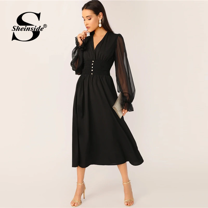 Sheinside Elegant V Neck Button Detail Dress Women Spring Mesh Lantern Sleeve Patchwork Dresses Ladies Solid A Line Dress