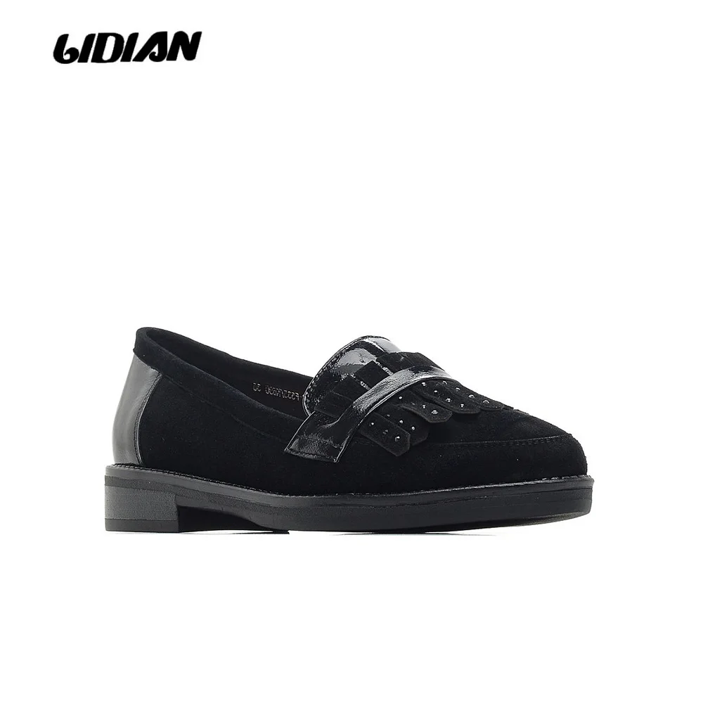

LIDIAN High quality kid suede flat women shoes Slip on black shoes natual leather inside soft women shoes P12-2