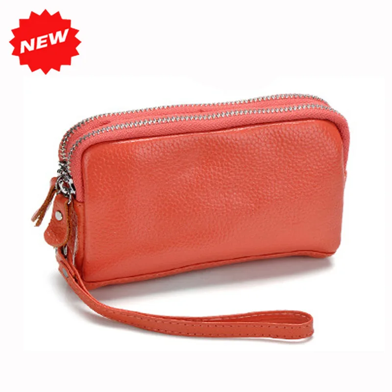 Genuine Leather Women Coin Purse Double Zipper Mobile Bag Lady Clutch Wristlet Bags, easy for carry clutches, Wholesale - Цвет: Watermelon Red