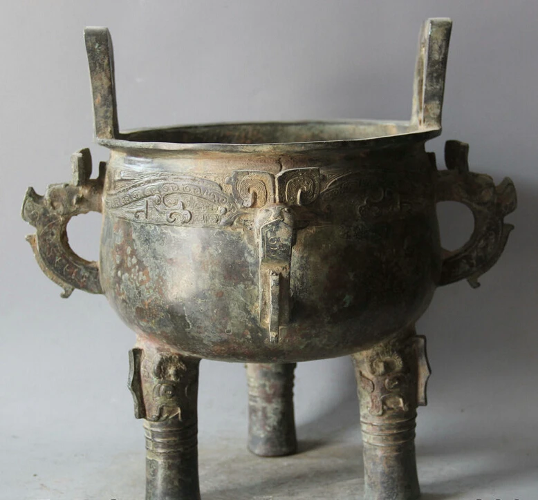 

S1989 14" Archaic Chinese Dynasty Bronze 3 Foot Handle Incense Burner Censer Ding D0318