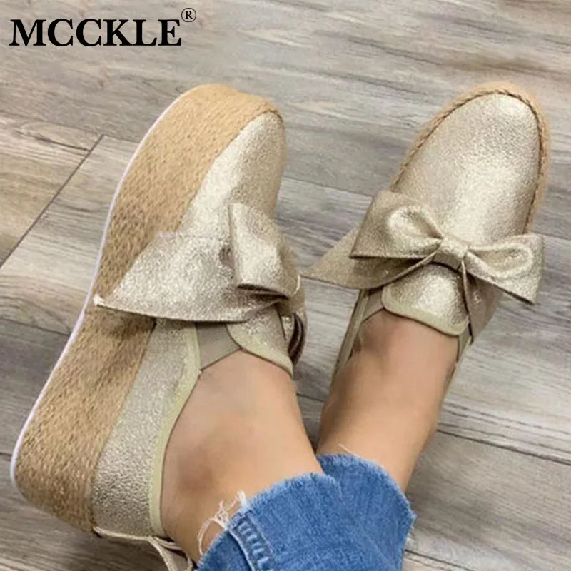 

MCCKLE Autumn Women Flat Platform Shoes Suede Bowtie Hemp Fashion Slip On Ladies Loafers Comfortable Casual Moccasins Plus Size