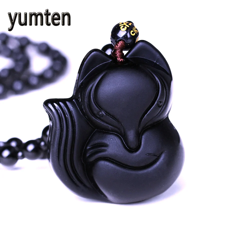 

Yumten Obsidian Fox Natural Stone Pendant Carving Black Bead Chain Necklace Crystal Lucky Women Jewelry Gemstone Blessing Amulet