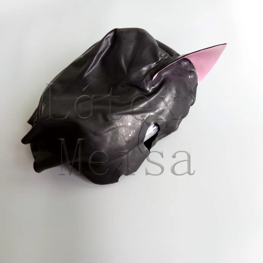 Handmade Cat Latex Hoods Fetish Open Eyes And Mouth In Black And Pink