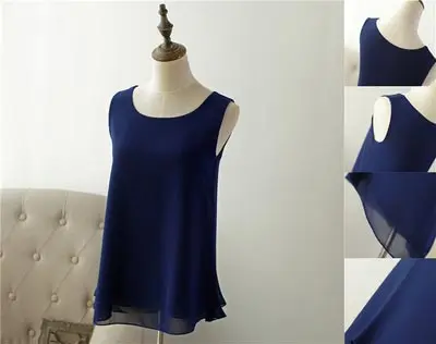 New Solid color Women Long Chiffon shirt summer Casual Top plus size S-6XL Loose sleeveless Blouse Double chiffon Blouses - Цвет: Navy Blue