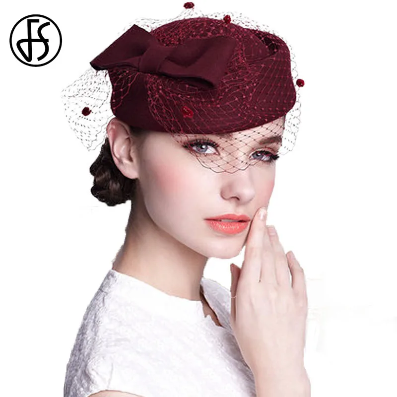 FS Women Black 100% Australian Wool Pillbox Hats With Veil ...