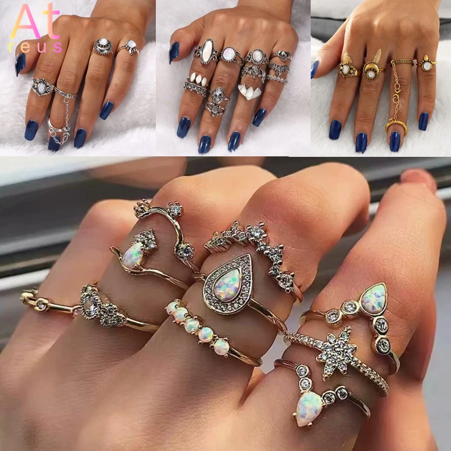 

Turkish Gold Color Rings Set Oval Opals Stone bague femme joint ring Vintage Moon Carved Arrow Flower finger ring circle