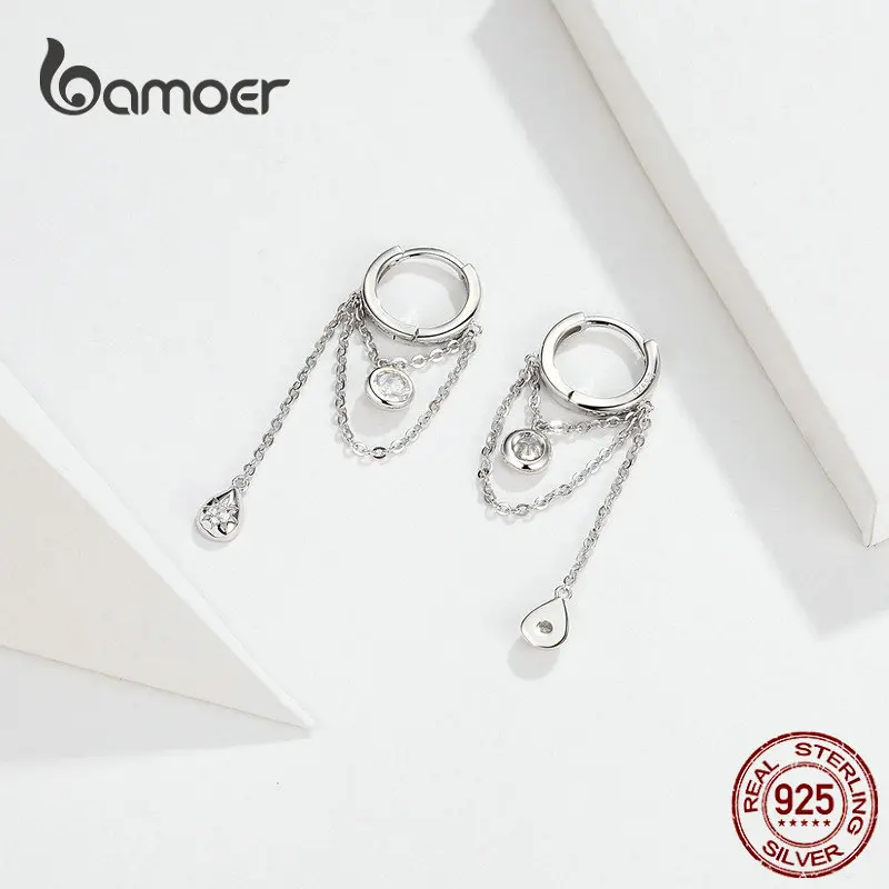 bamoer Waterdrop Round Geometric Chain Dangle Earrings for Women Sterling Silver Female Fashion Jewelry Orecchini SCE638