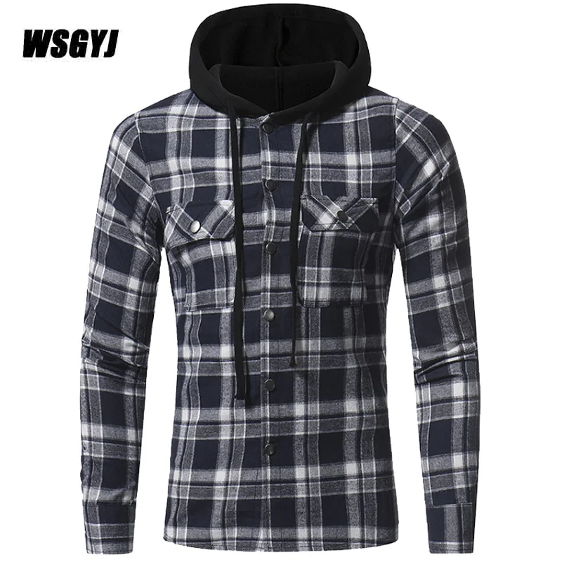 Najtaniej Plaid koszula 2017 jesień moda koszule mężczyźni na co dzień odzież marki mężczyźni koszula z długim rękawem Casual krata z kapturem camisa masculina