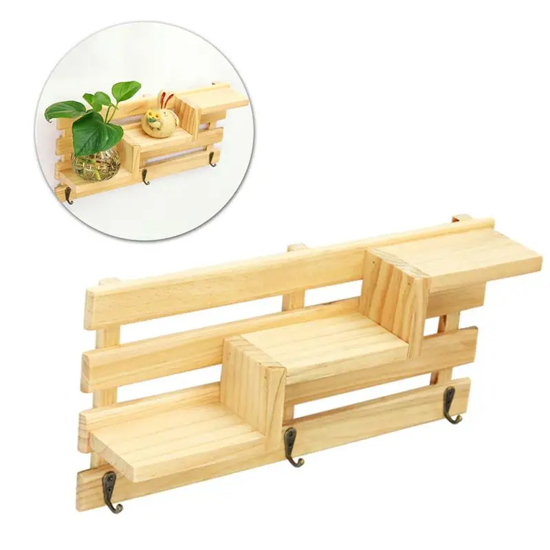 

Retro Wooden Wall Shelf with 3 Key Hooks 3-Tier Board Ladder Hanging Shelf Shelves Coat Racks Bookcases for Hallway Kitchen