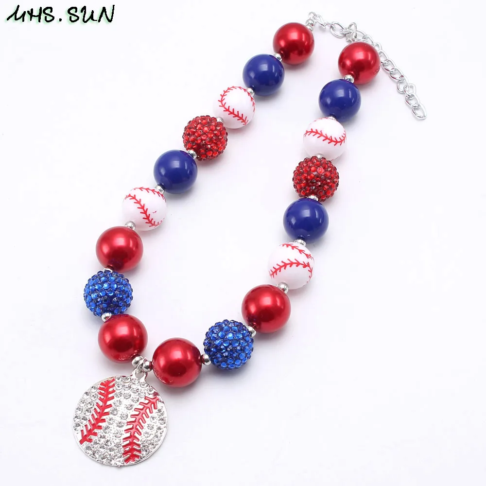 

MHS.SUN 1PC fashion baseball design necklace & rhinestone pendants for baby children gift chunky beaded necklace girls jewelry