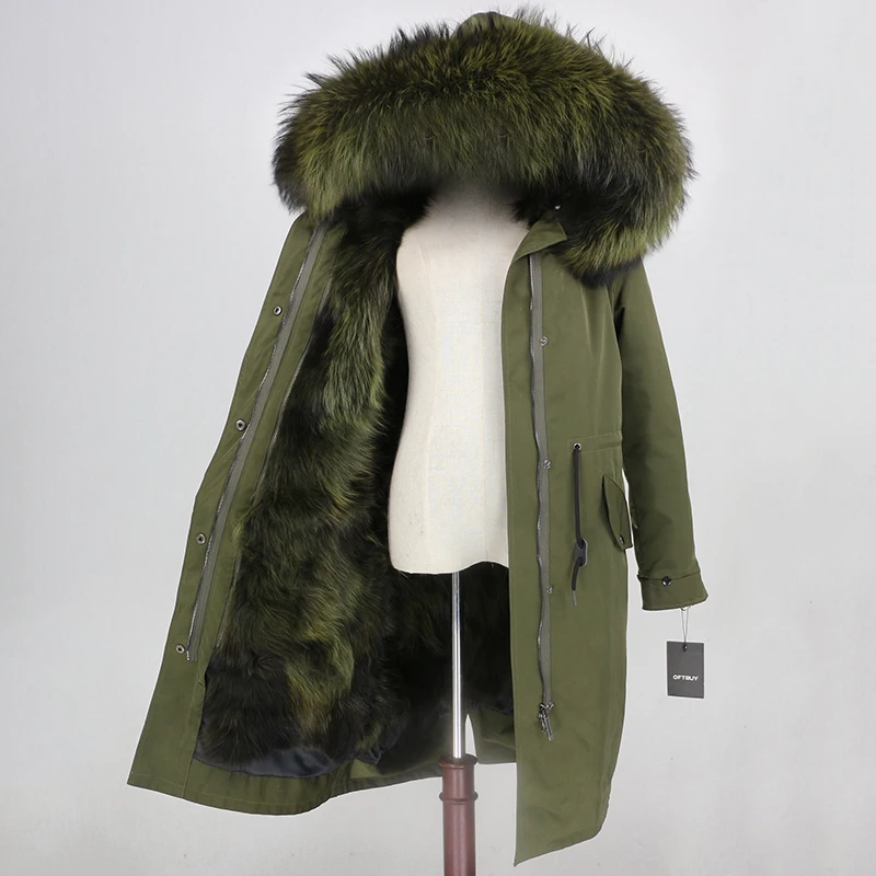 OFTBUY X-long Parka, водонепроницаемая верхняя одежда, зимняя куртка для женщин, натуральный мех енота, капюшон, подкладка из лисьего меха, Съемный натуральный мех - Цвет: full green