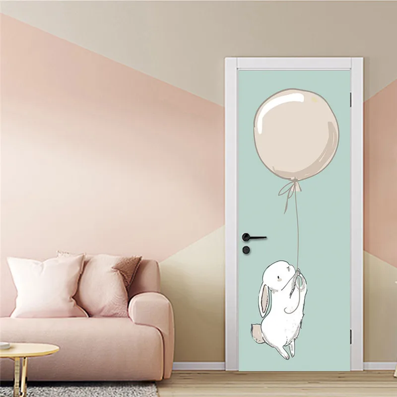 Estilo nórdico animales lindos y globos puerta 70x200 CM PVC removible para niños sala de pared pegatinas pegatinas de puerta