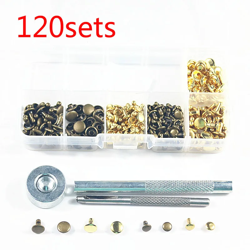 

120Sets Leather Craft Repair Double Cap Rivets Tubular Metal Studs Fixing Tools Bag Belt Clothing Garment Shoes Pet Collar Decor