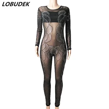 

Sexy See-through Crystals Jumpsuit Women Black Mesh Perspective Bodysuit Nightclub DJ Singer Stage Outfit Pole Dancing Costumes