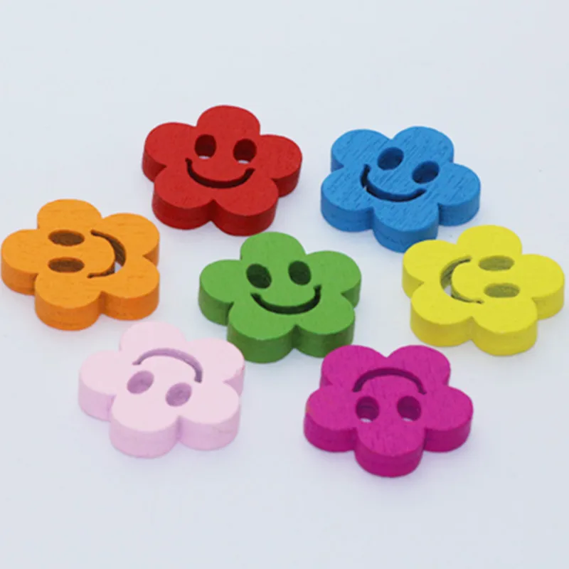 

50pcs/bag Smiling Flower Wood Buttons Mixed Colors Decorative Clothing Wooden Buttons For Arts Crafts Decorations & Sewings