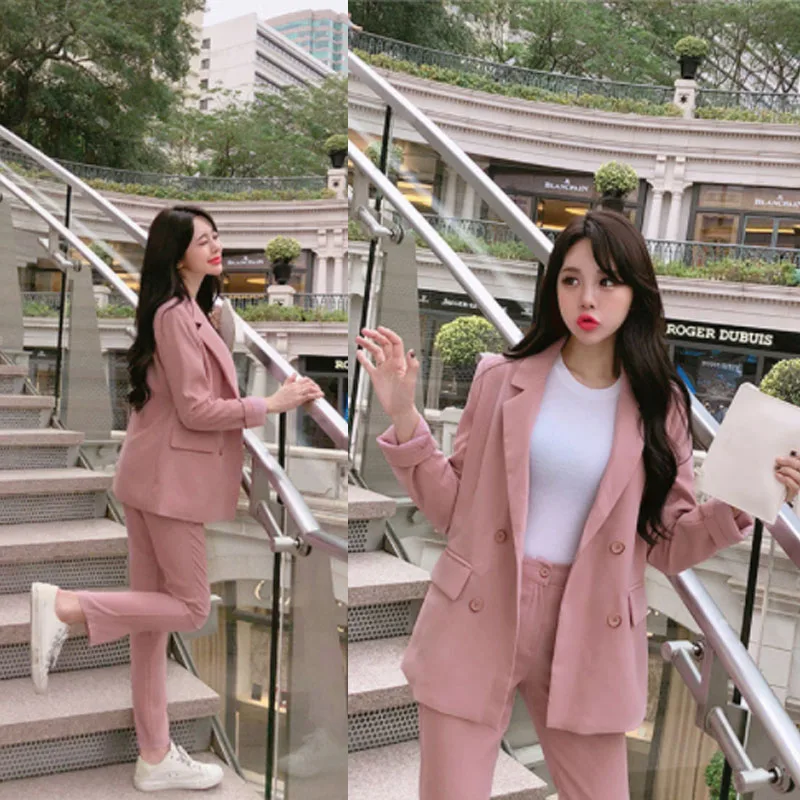 

2 piece set women Spring and Autumn Fashion Temperament Pink Color British Style Office Women's Commercial OL Professional Set