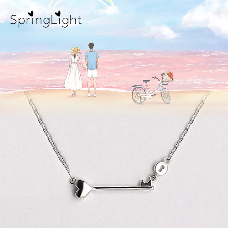 

SpringLight Heart Key Pendant Real 925 Sterling Silver Handmade Design Fine Jewelry Lock Love in MY Life Necklace for Women Gift