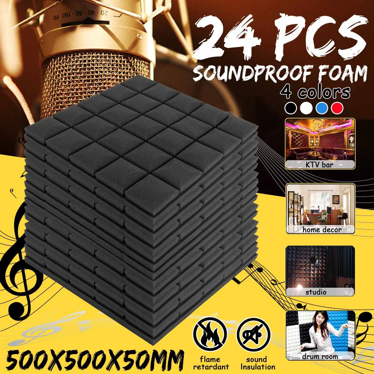 

24Pcs 4Colors 50x50x5cm Studio Acoustic Soundproof Foam Sound Absorption Treatment Panel Tile Wedge Protective Sponge