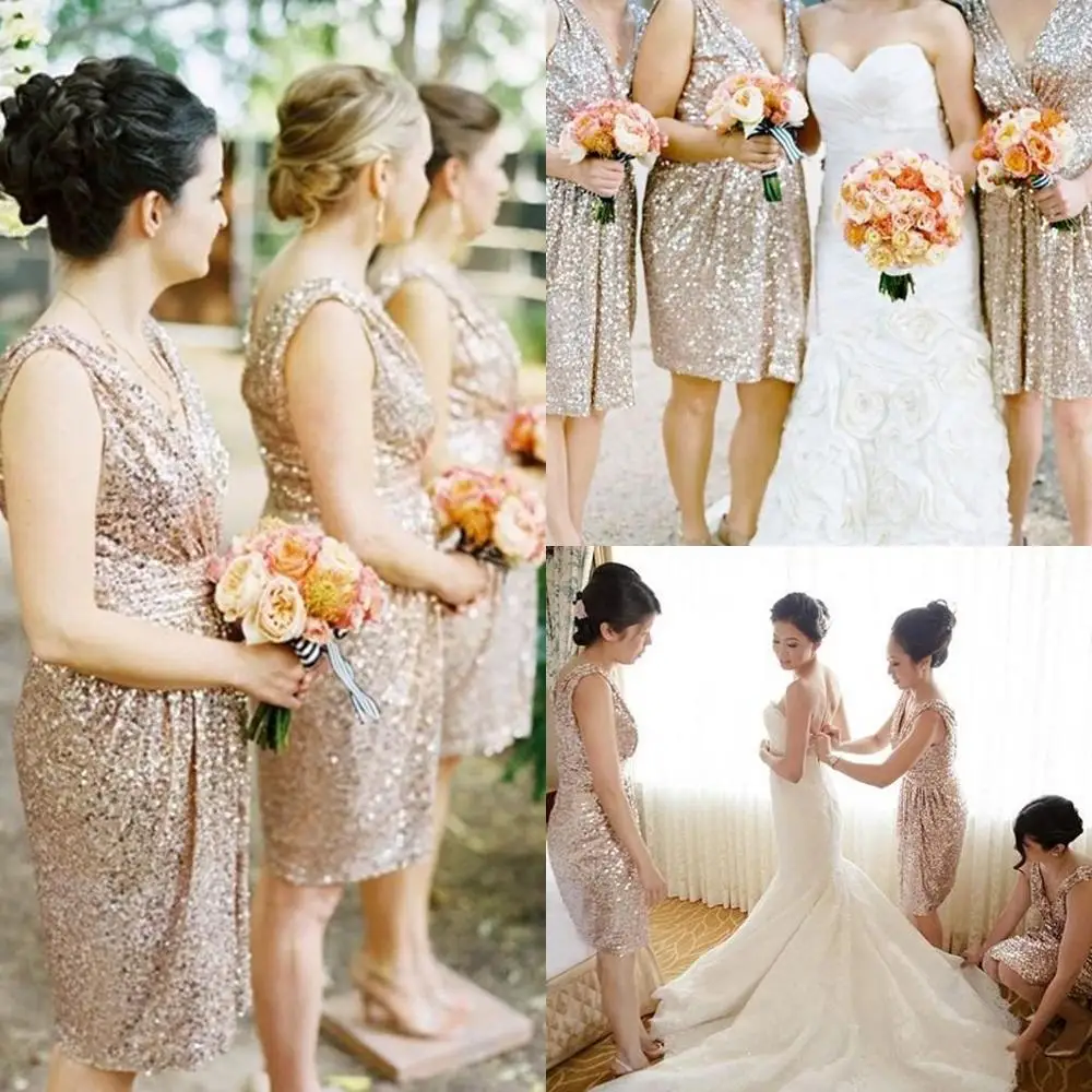 Bling Rose Gold Cheap 2016 Bridesmaid Dresses Short Sleeve Sequins