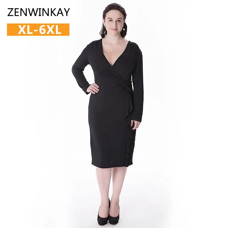 2017 Women Black V Neck Long Sleeve Plus Size Ruffle Dresses Work Dress