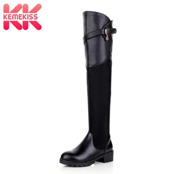

KemeKiss Women Flats Boots Genuine Leather Women Winter Shoes Metal Buckle Fur Over The Knee Boots Fashion Shoes Size 34-39