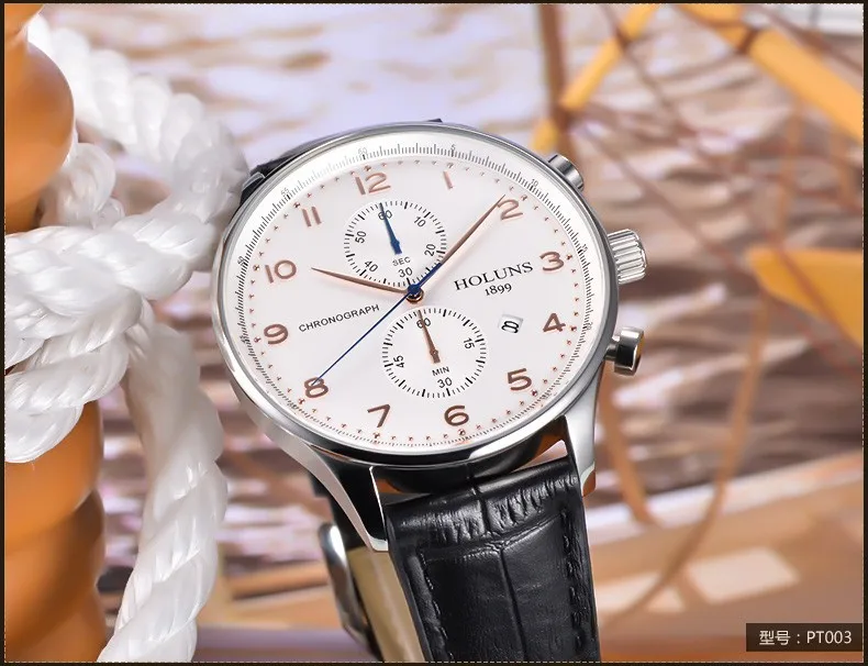 HOLUNS роскошные часы мужчин пилот Водонепроницаемый хронограф Многофункциональный циферблат кожаный ремешок из нержавеющей стали