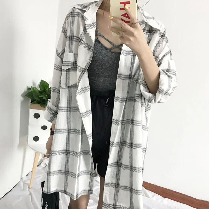  Women Plaid Shirts 2018 Spring Long Sleeve Blouses Shirt Office Lady Cotton Shirt Casual Loose Tops