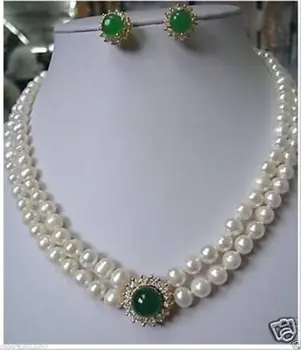 

Free Shipping Noblest Authentic 8-9mm white Pearl necklace green stone earring set
