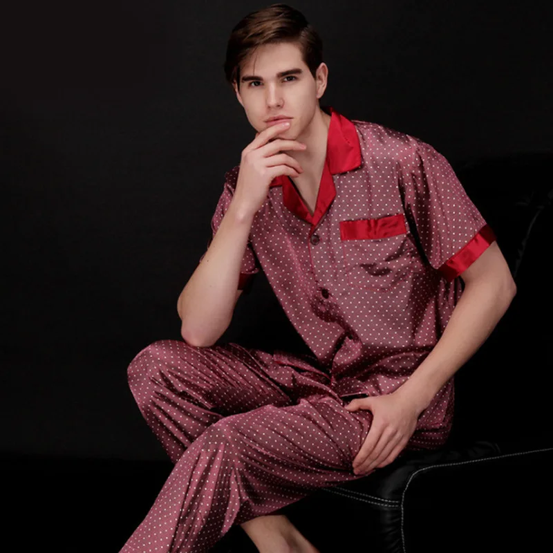 Men Pajama Set Pajamas Summer Men's Faux Silk Pajamas Long Pant Male