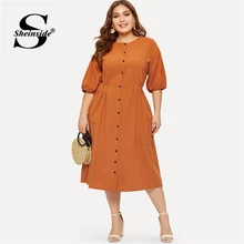 Sheinside размера плюс, оранжевое платье-рубашка с карманами и пуговицами спереди, женские летние платья бодикон с коротким рукавом,, повседневное однотонное платье миди