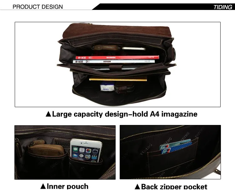 Tiding, дизайн, винтажный портфель, мужской, Crazy Horse, кожа, на плечо, сумка-мессенджер, сумка, 13 дюймов, портфель для ноутбука, коричневый