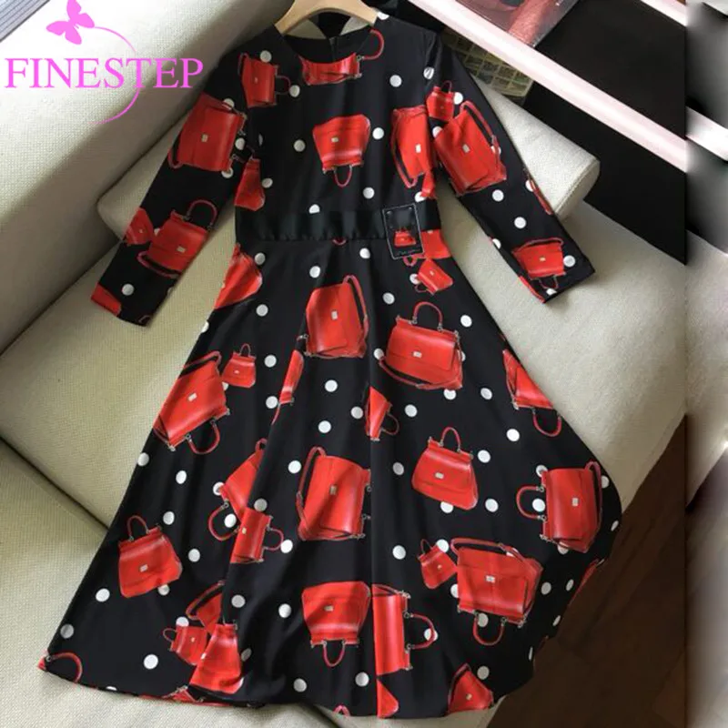 Bohème Imprimé Mignon mollet O Automne Longues Qualité 2019 Mi cou Robes Haute Robe Femmes Floral De Mode Noir Nouvelle g85qEgw